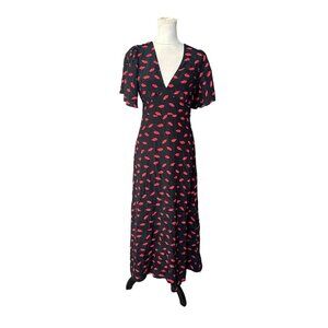 A New Day Black & Red Lip Print Midi Dress Size 2 Whimsical Dreamy Flowy